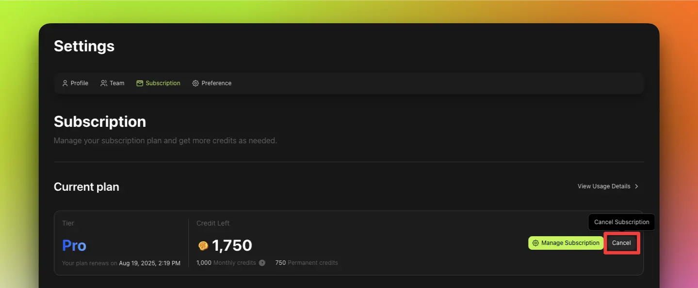 Official Meshy account settings screenshot showing subscription management