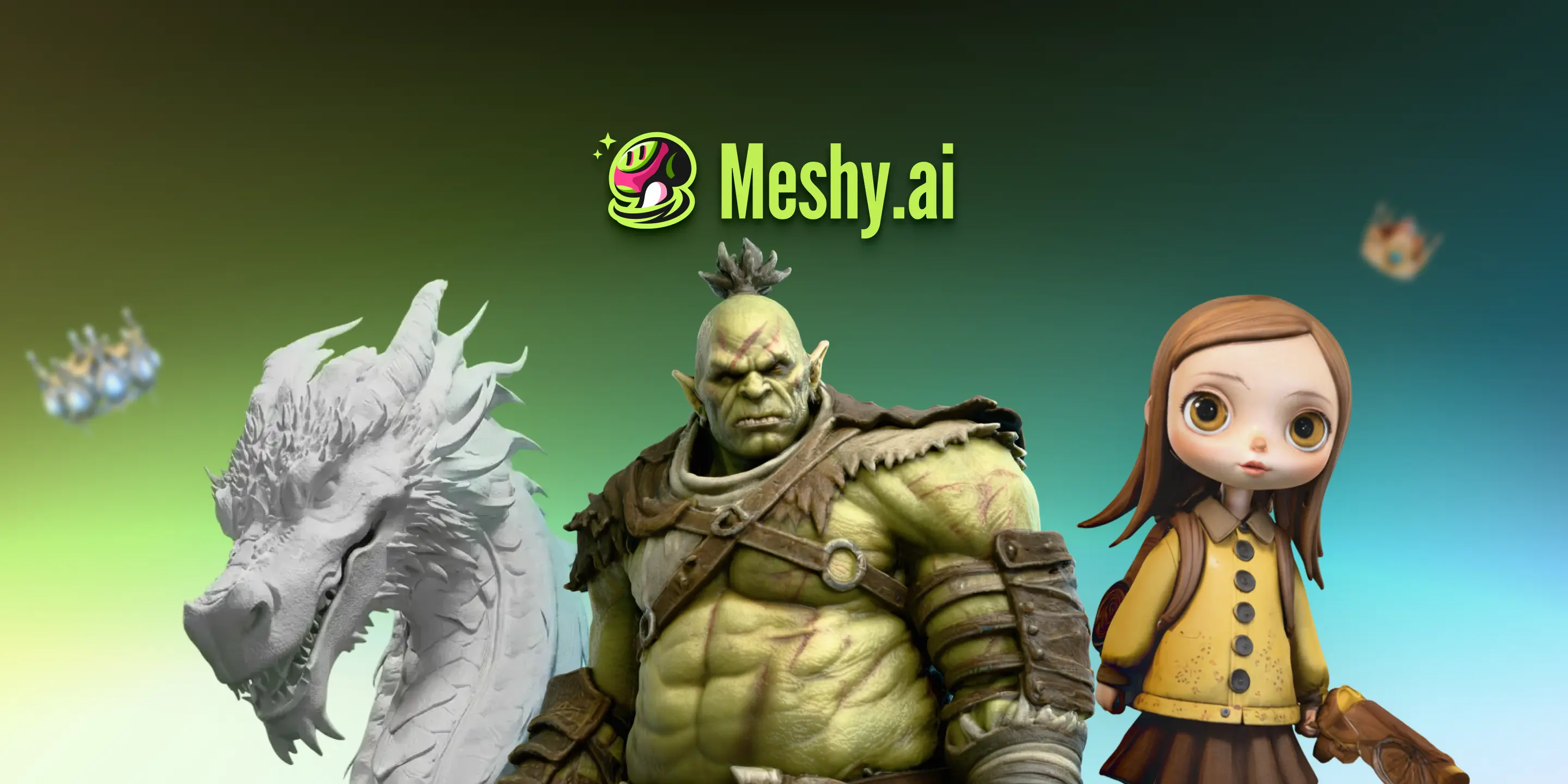 Visuel officiel de Meshy AI présentant des personnages fantasy 3D et le branding